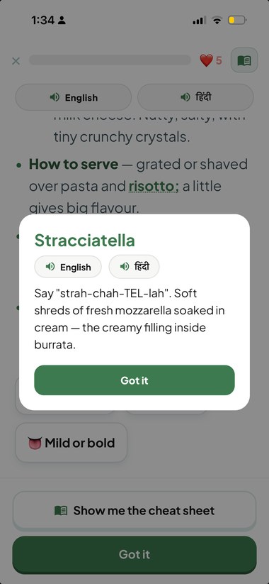Tapping a word shows its meaning, with English and Hindi listen buttons
