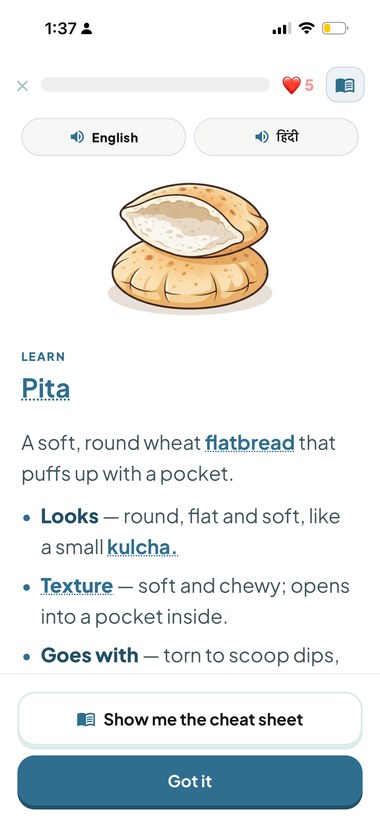 A lesson Read page for pita, with English and Hindi listen buttons