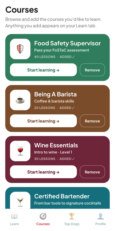 The course list in the À La Class app