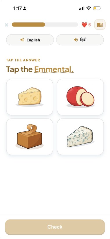 A picture question in the app: Tap the Emmental